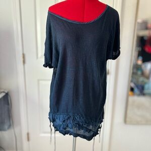 Blue Asymmetrical Short Sleeve Tunic with Ruffled Hem